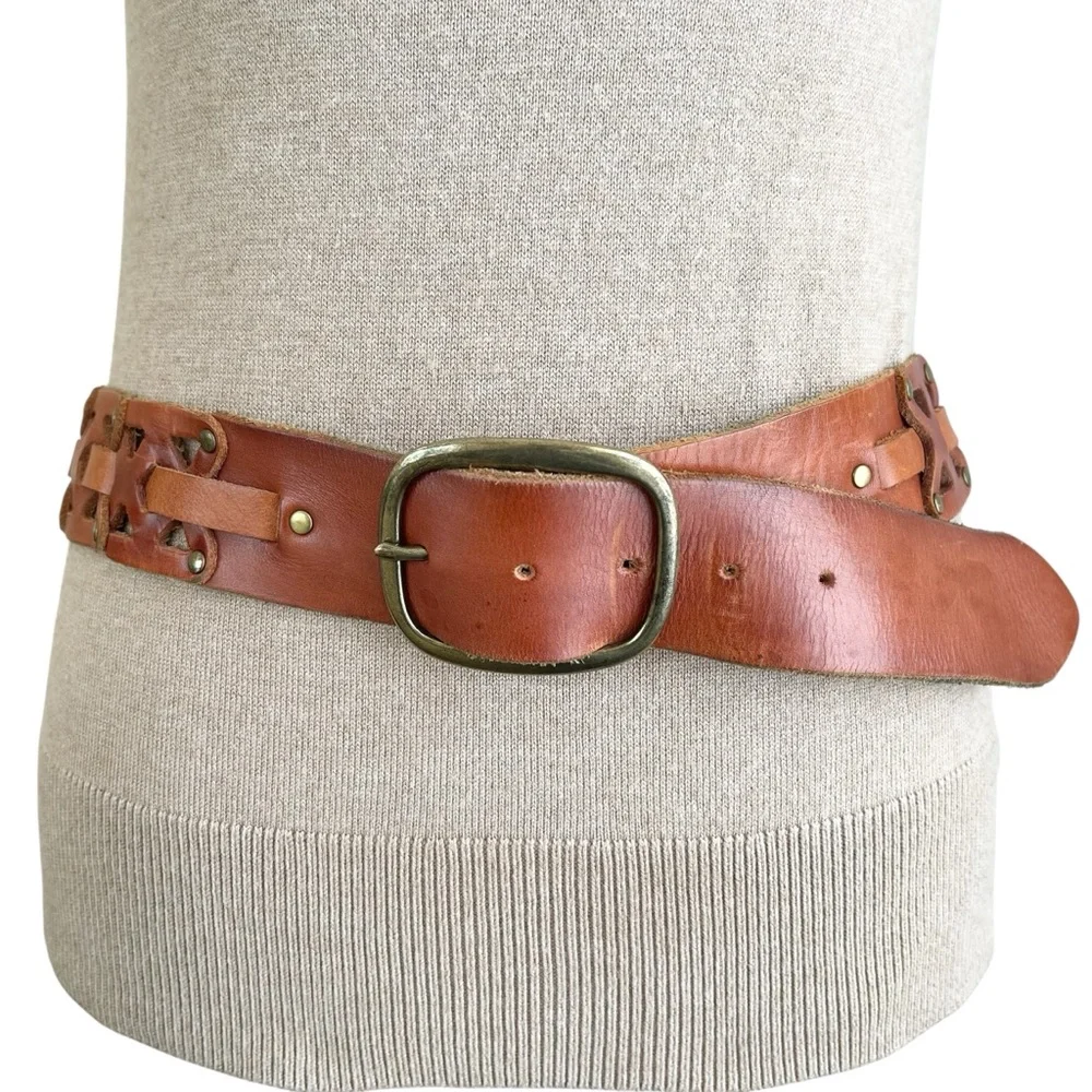 Cognac Brown Wide Waist Oversized Studded Leather Belt Festival 90s Size S